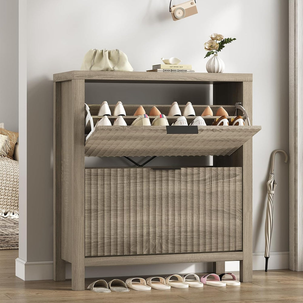 Fluted Shoe Cabinet Storage with 2 Flip Drawers for Entryway, Hallway