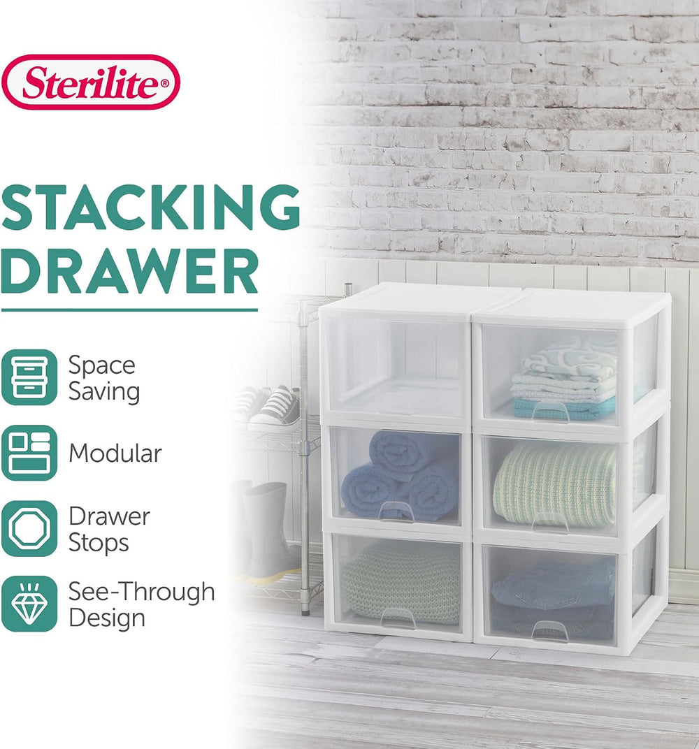 Sterilite Stacking Drawer Storage Organizer for Clothes, 27 Quart, 16-Pack