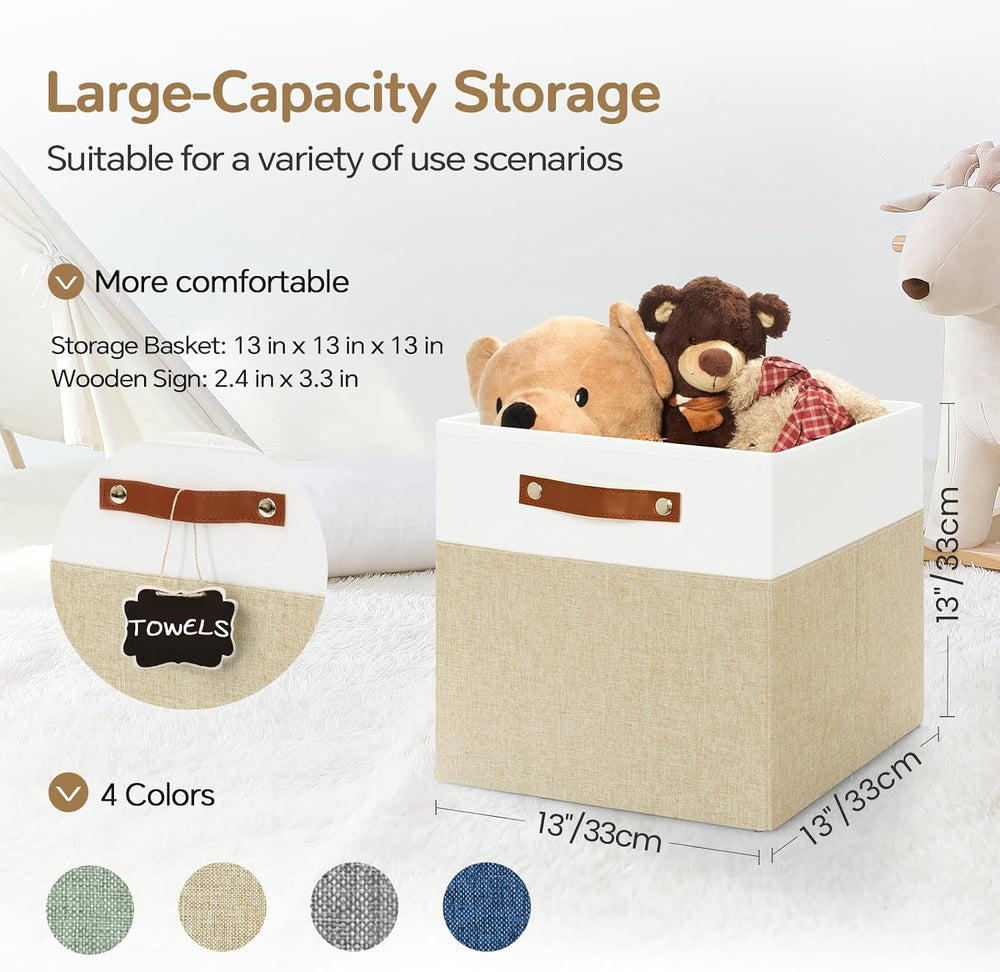 Patvingot 13-Inch Linen Storage Cubes with Labels and PU Handles,4 Pack