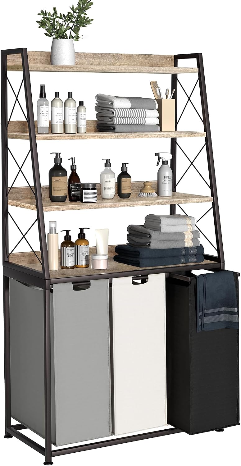 Herture Laundry Basket, 3 Section Laundry Hamper with 4 Tiers Shelf, Pull-Out...
