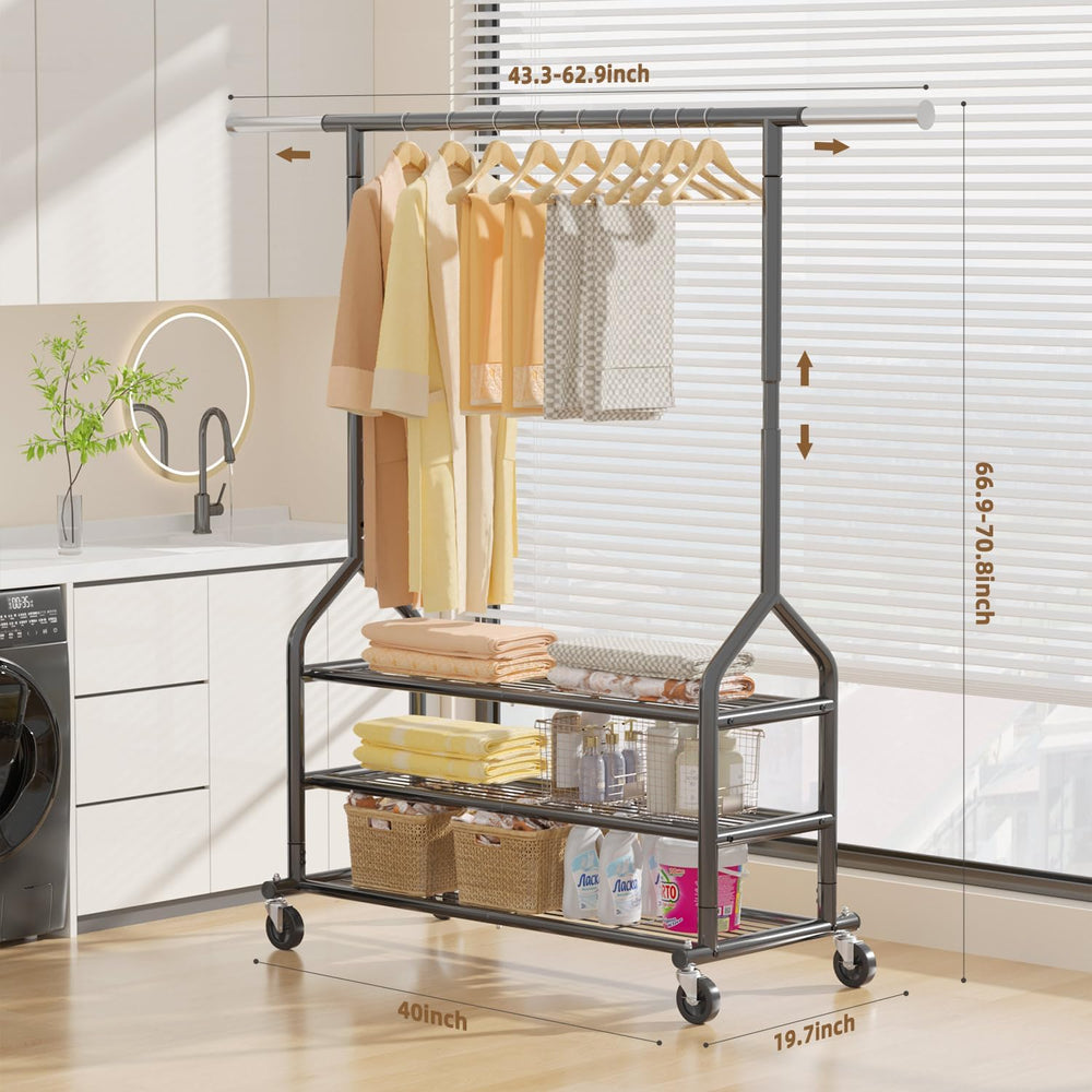 EAGMAK Heavy Duty Clothes Rack Load 556 LBS, Rolling Clothing Rack With 3 She...
