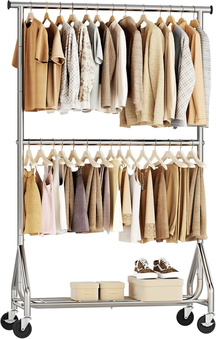 HYSEYY Heavy Duty Clothes Rack, Double Rod Clothing Rack for Hanging Clothes, Rolling Garment Rack, Adjustable Freestanding Wardrobe Closet Coat Rack for Bedroom Laundry Living Room, Silver