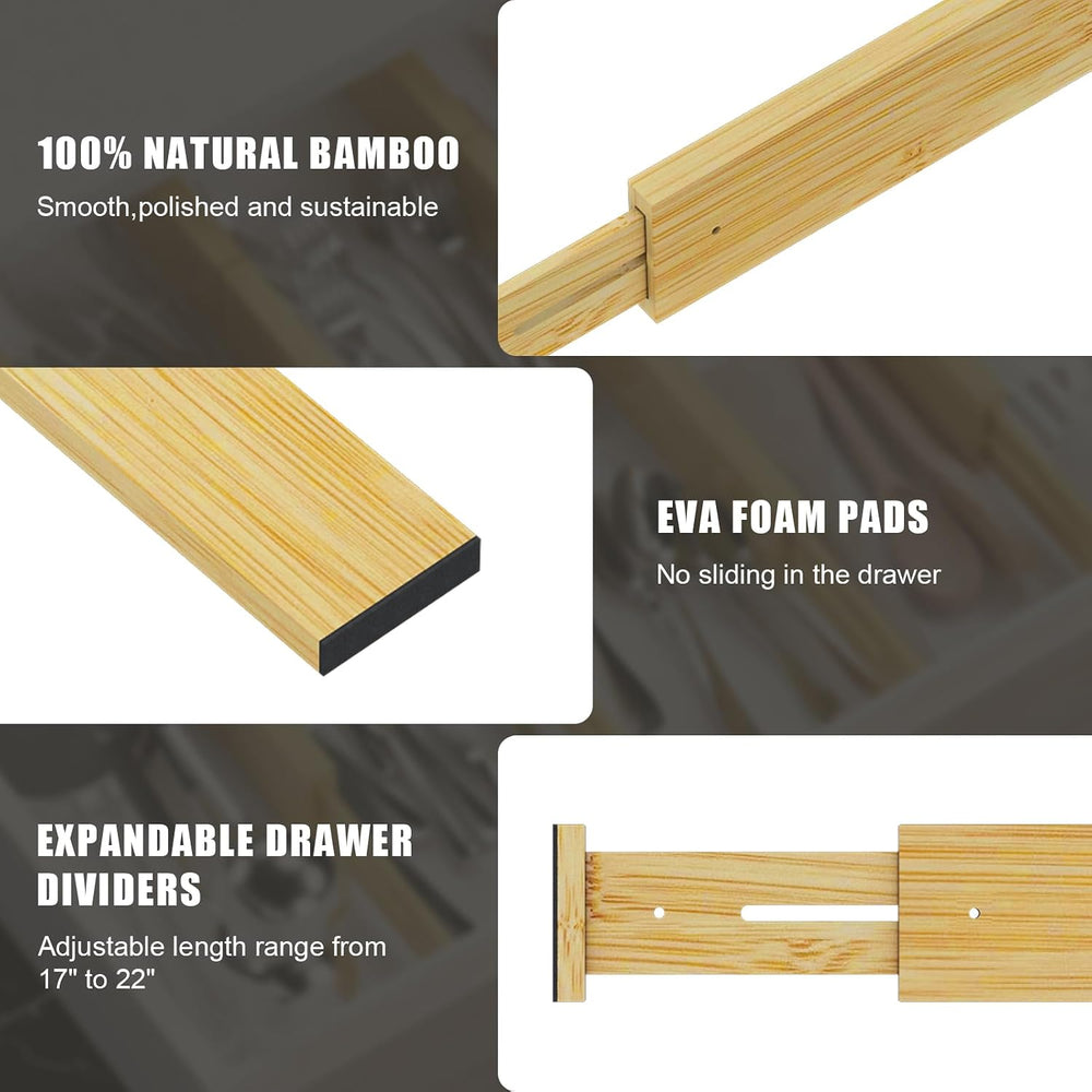 Bamboo Drawer Dividers, Adjustable Drawer Organizers, Fits 17.6–21" Drawers
