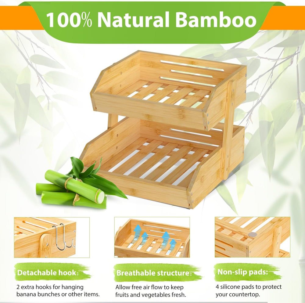 Gmtsl Bamboo Fruit Basket for Kitchen, Fruit Holder for Kitchen Countertop