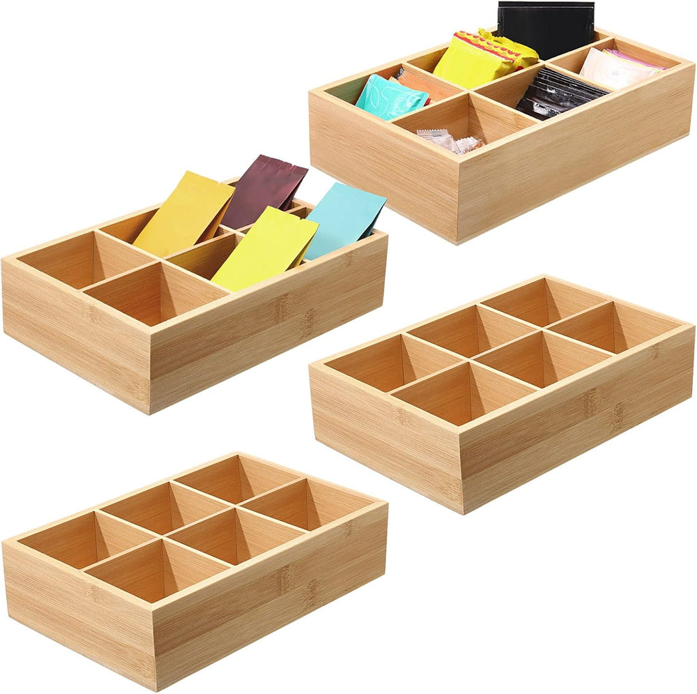 Maitys 4 Pcs Bamboo Tea Organizer, Beige 6 Compartment Storage Box