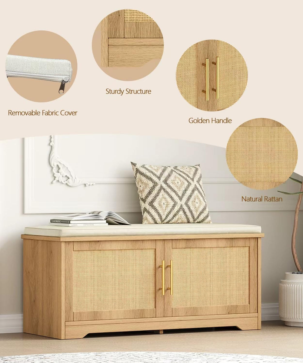 Rattan Shoe Storage Bench, 39.4" Wide Entryway Bench, Natural Oak