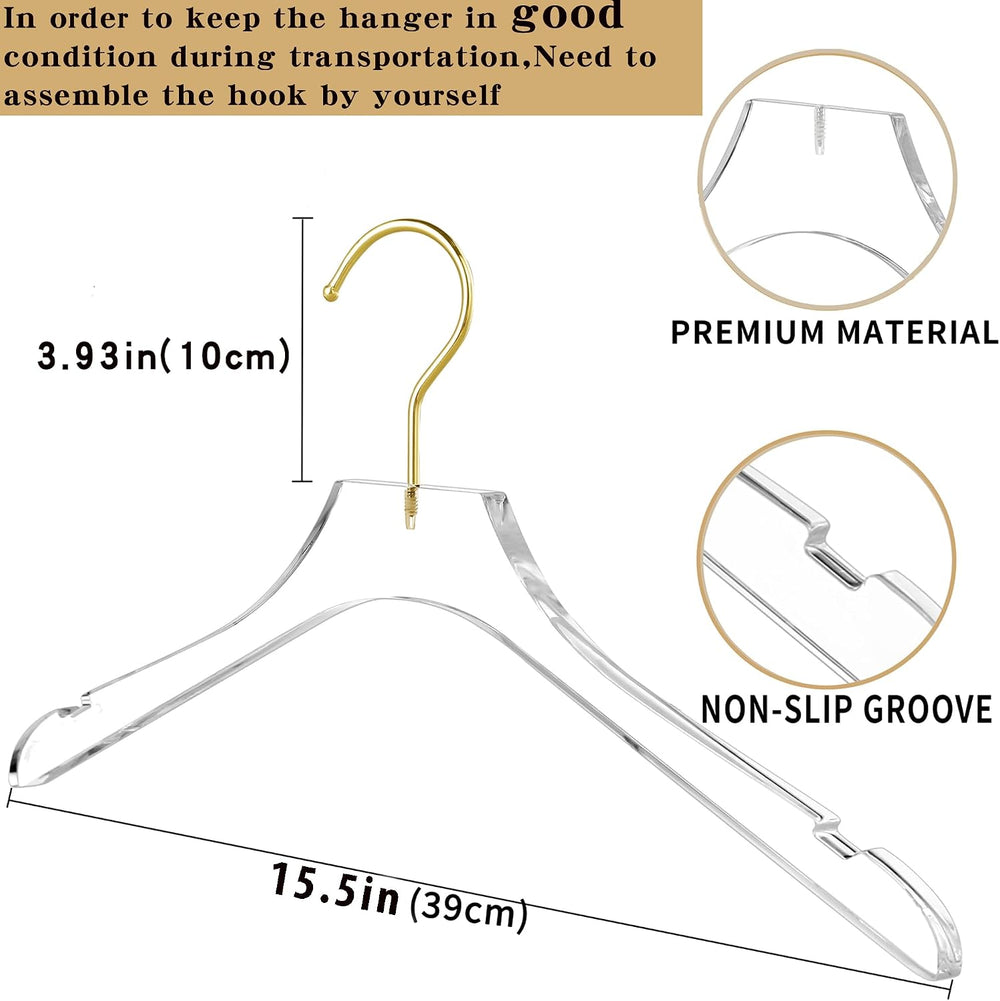 Besser 15 Pack Acrylic Hangers with Gold,Acrylic Clear Hanger,Premium Crystal...
