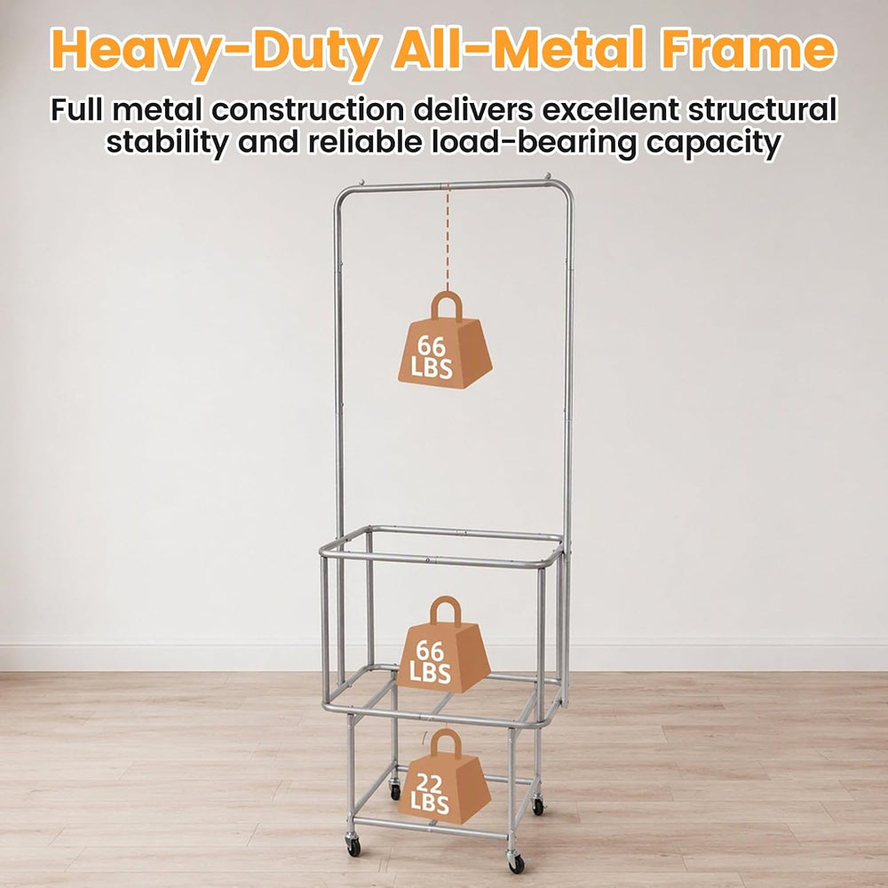Rolling Laundry Cart 110L With Hanging Bar & Storage Shelf, Black