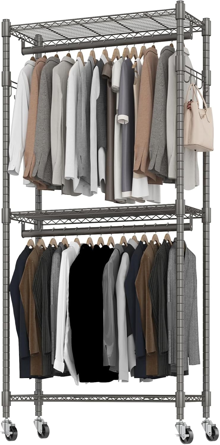 BATHWA Clothes Rack Rolling Narrow 2 tier Garment Rack for Hanging Clothes, S...