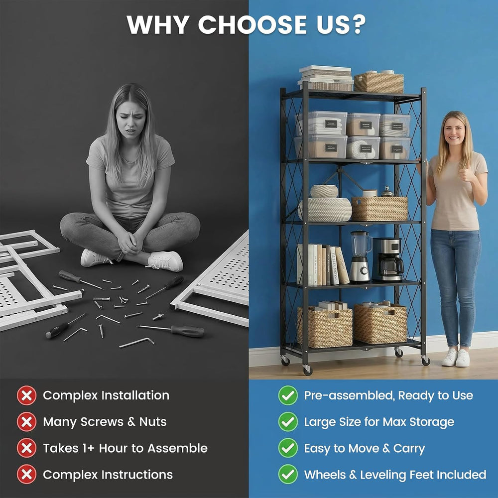 ALANNG 70.7" H Metal Storage Shelves, 5 Tier Folding Shelf on Wheels