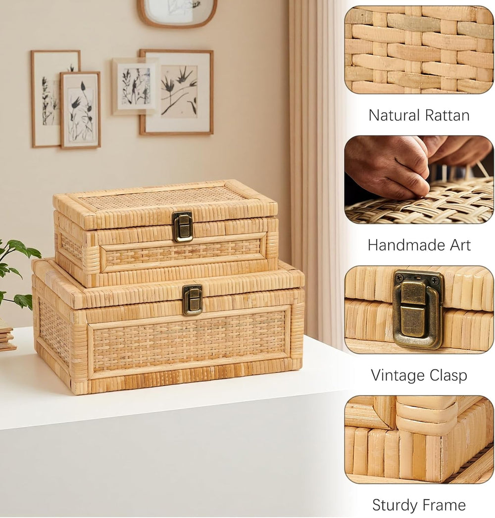Rattan Box with Lid Decorative Natural Handmade Boho Baskets