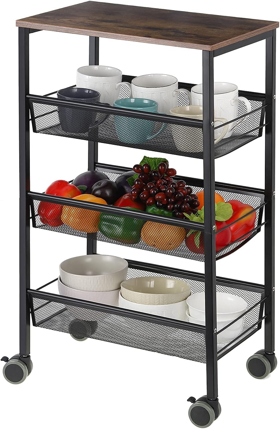 MOOACE Kitchen Cart on Wheels, 3-Tire Metal Mesh Rolling Utility Cart with Wo...