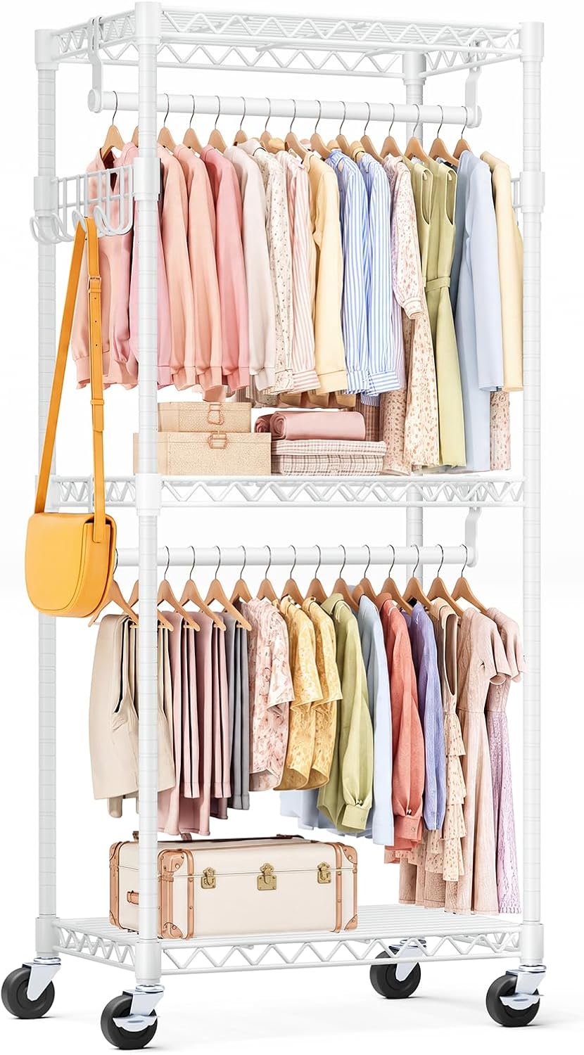 OLIXIS Clothes Rack Heavy Duty Adjustable Garment Clothing Rack with Wheels, ...