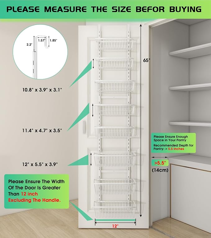 White 12 Inch Wide Narrow Over The Door Pantry Organizer, Pantry Organization