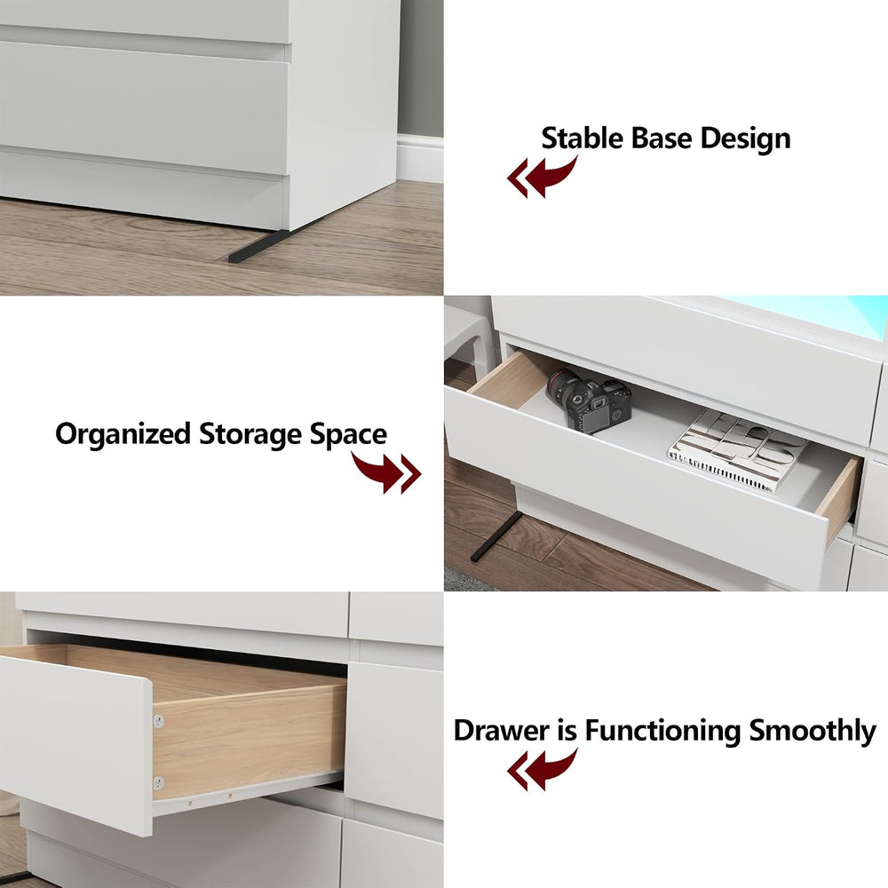 Gyfimoie White 6-Drawer Dresser for Bedroom w/Power Outlet and LED Light