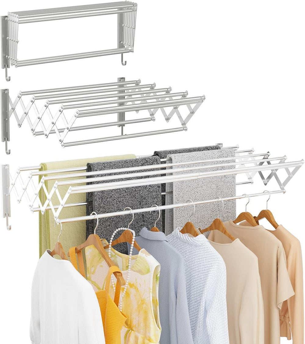 | Clothes Drying Rack Wall Mounted with Hooks - Foldable & Removable Laun...