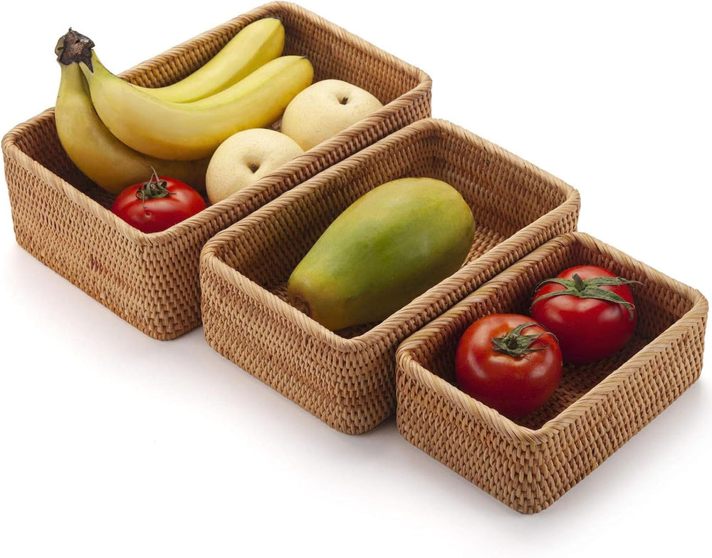 Rattan Storage Baskets, Wicker Baskets for Organizing, Hand Woven Fruit Baske...