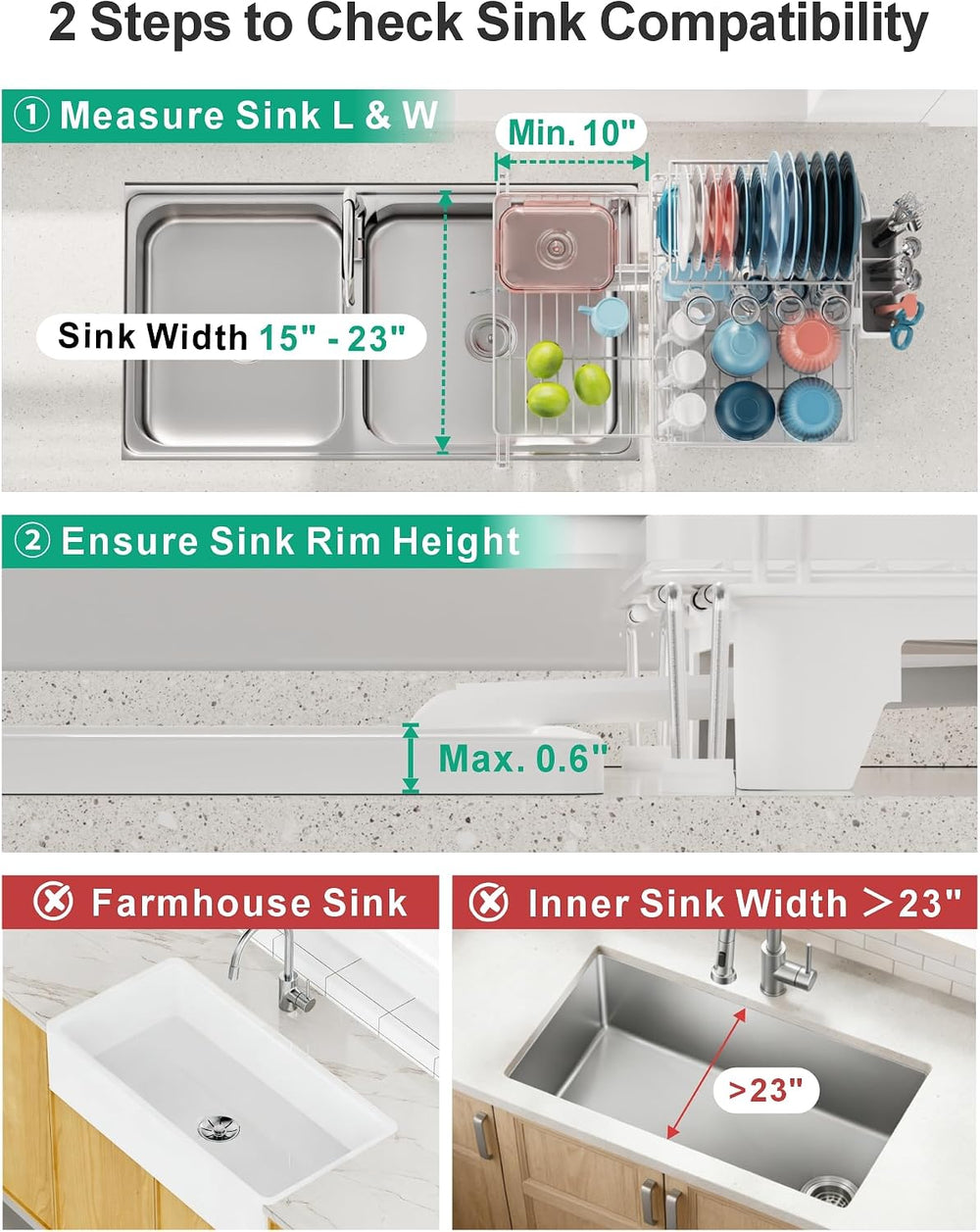 iSPECLE 2 Tier Dish Drying Rack - Expandable Over Sink & Counter Use, White