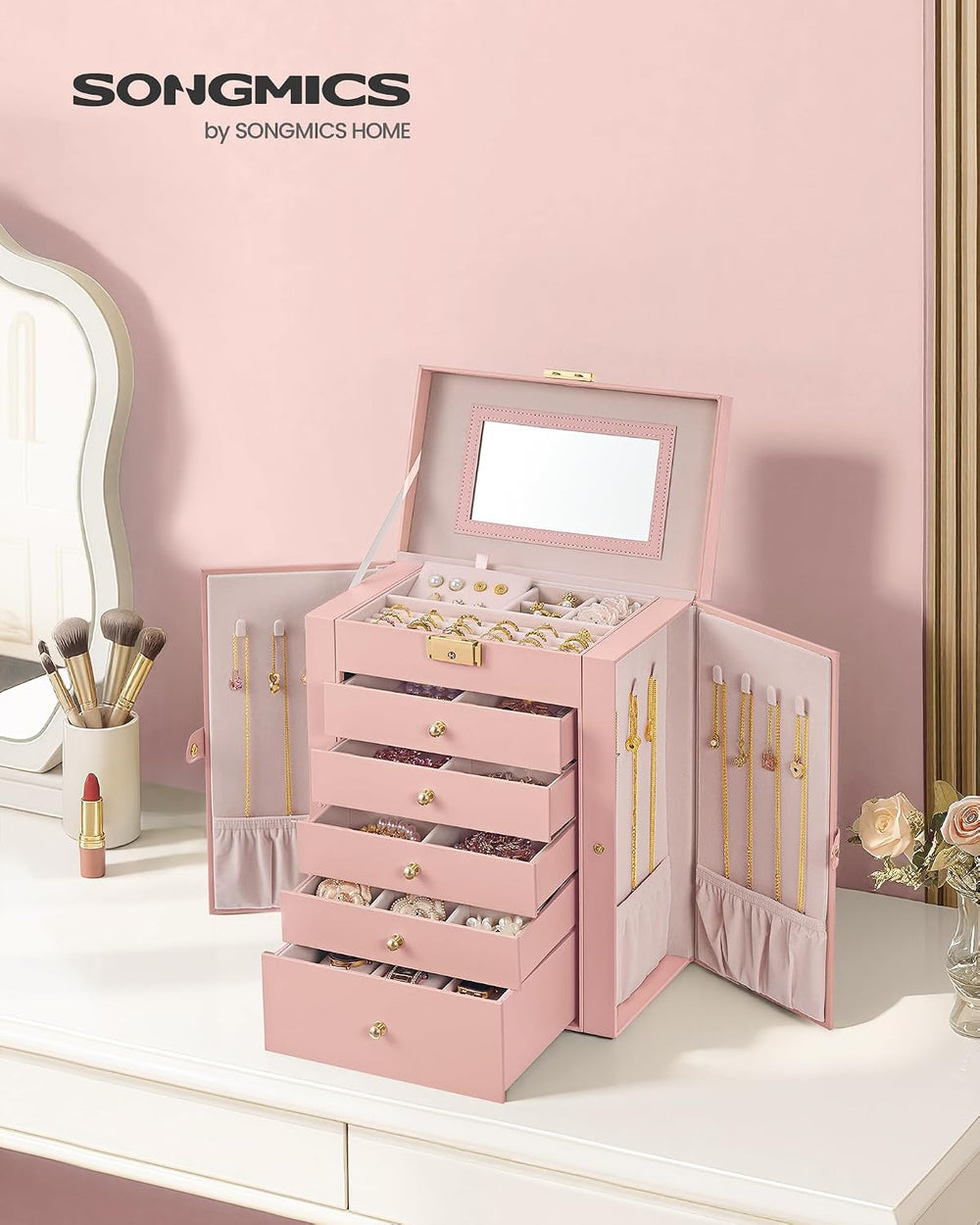 SONGMICS 6-Layer Jewelry Box Organizer with 5 Drawers, Lock and Mirror