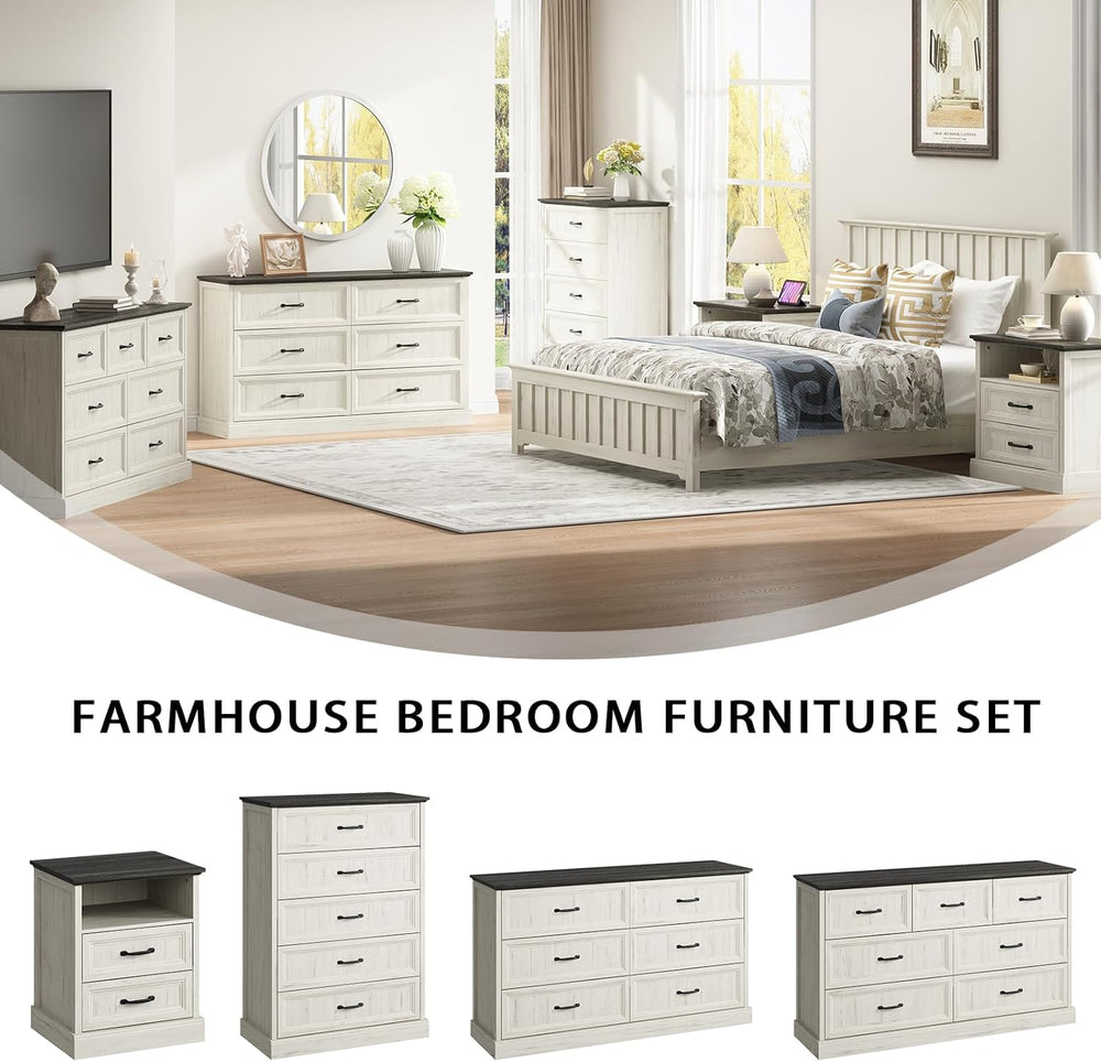 Farmhouse 7 Drawer Dresser for Bedroom, 55" White Dresser with TV Stand