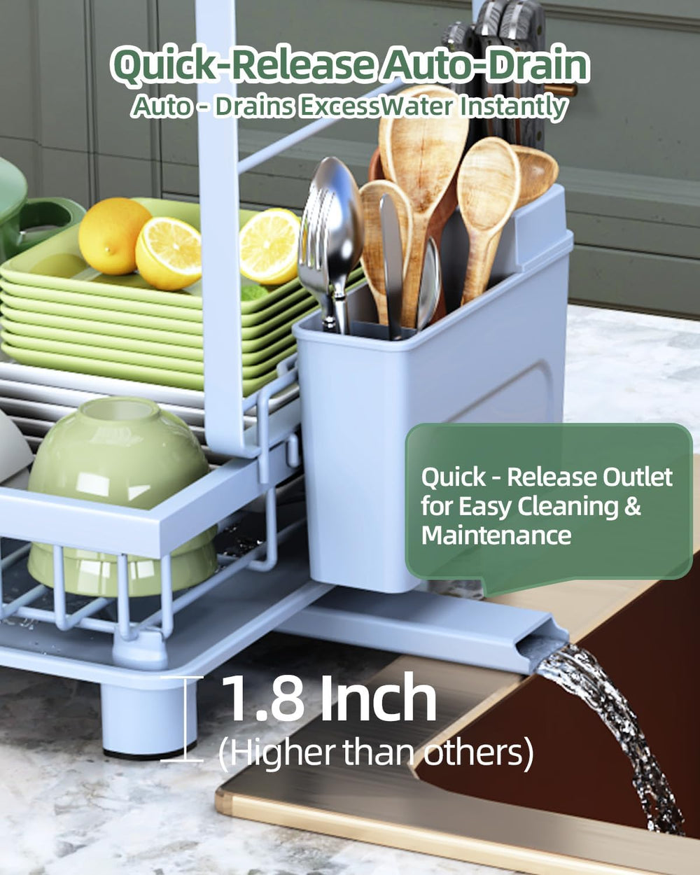 2-Tier Dish Drying Rack for Kitchen Counter, Space-Saving, Blue