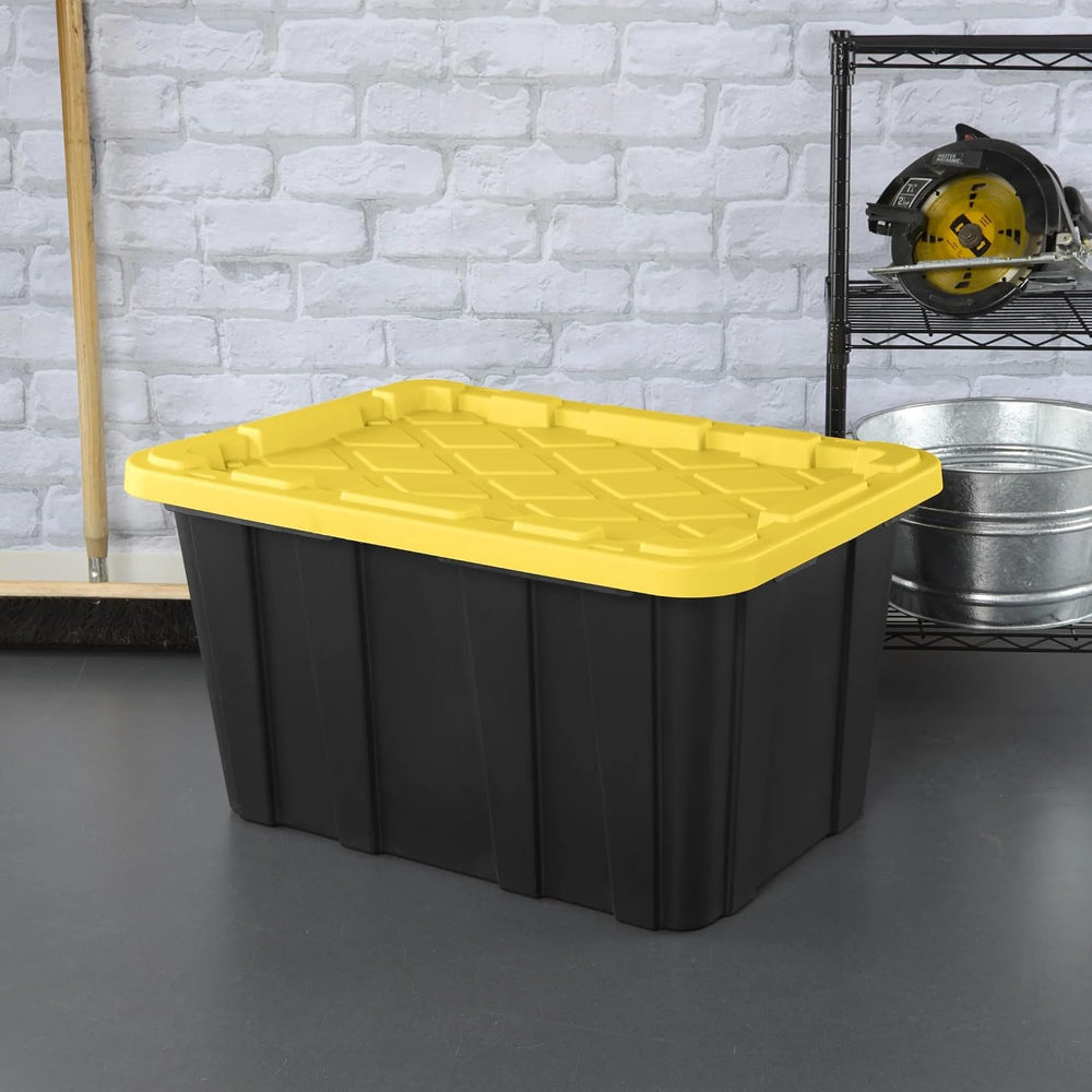 27 Gallon Durable Plastic Storage Tote with Snap-On Lid, Black and Yellow, He...