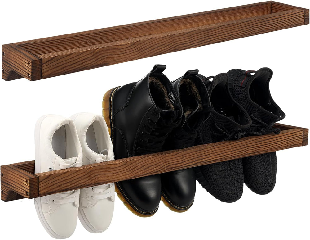 Wenqik 2 Pcs Wall Mounted Wooden Shoe Rack Wood Wall Hanging, Burnt Wood