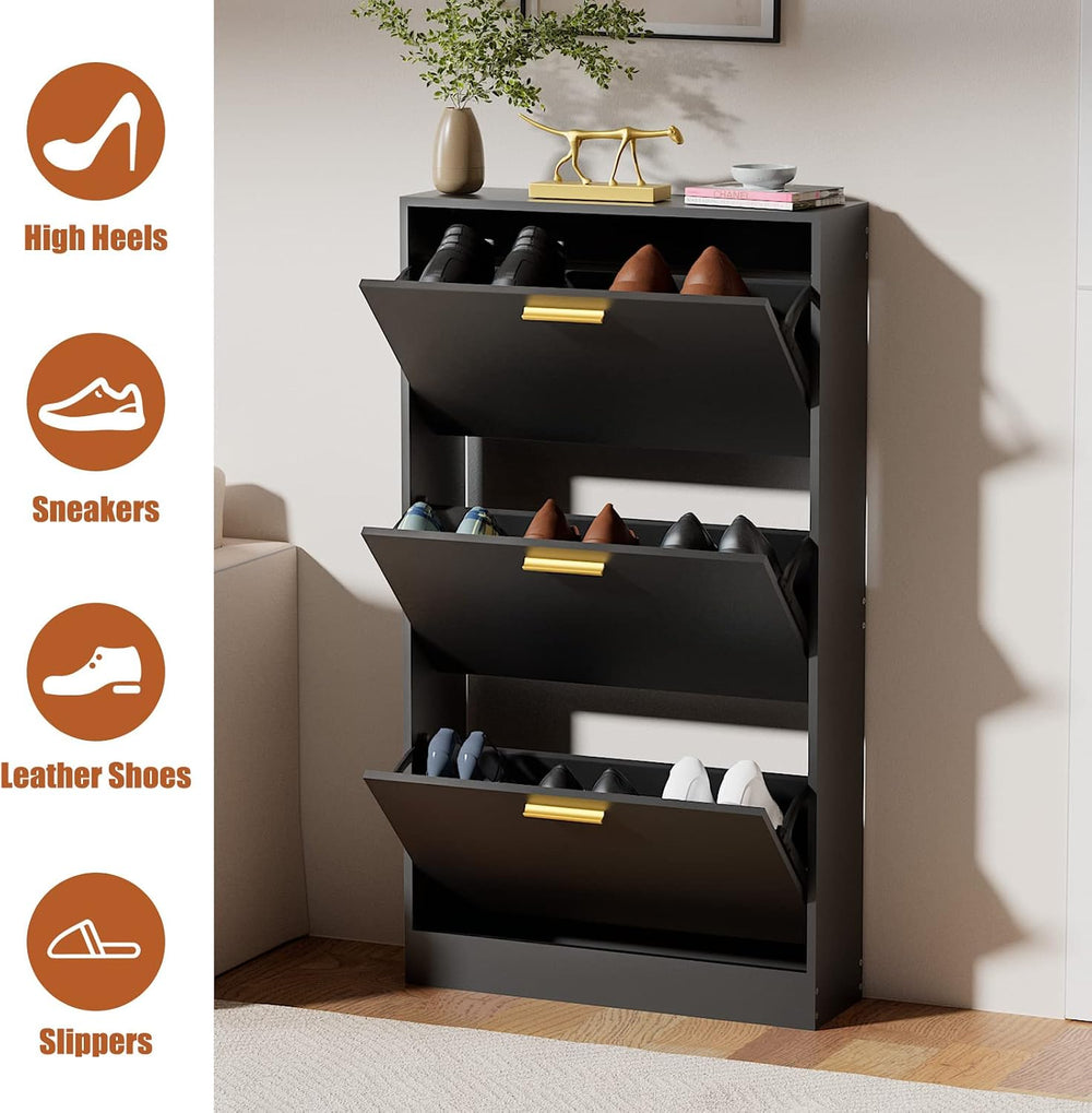 JOZZBY Modern Shoe Cabinet Storage with 3 Flip Drawers, Black丨Slim Freestandi...