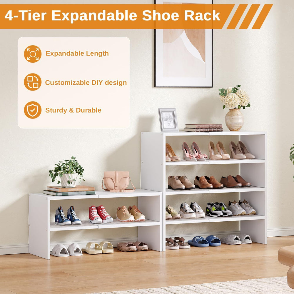 4-Tier Expandable Shoe Rack for Closet,White Shoe Organizer Shelf for Entrywa...