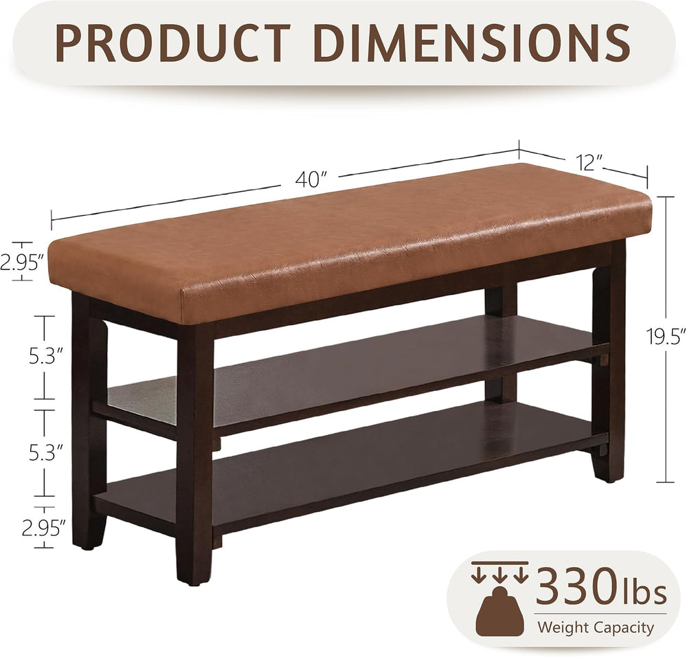 40" Solid Wood Shoe Storage Bench, 2 Tier Shoe Rack for Entryway