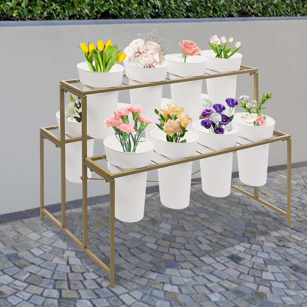 Flower Display Stand with 12pcs Buckets,3 Layers Moving Plant Stand Cart Shel...