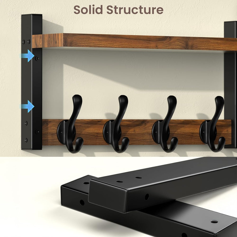 35'' Long Rustic Coat Rack Wall Mount with Shelf, Solid Wood Coat and...
