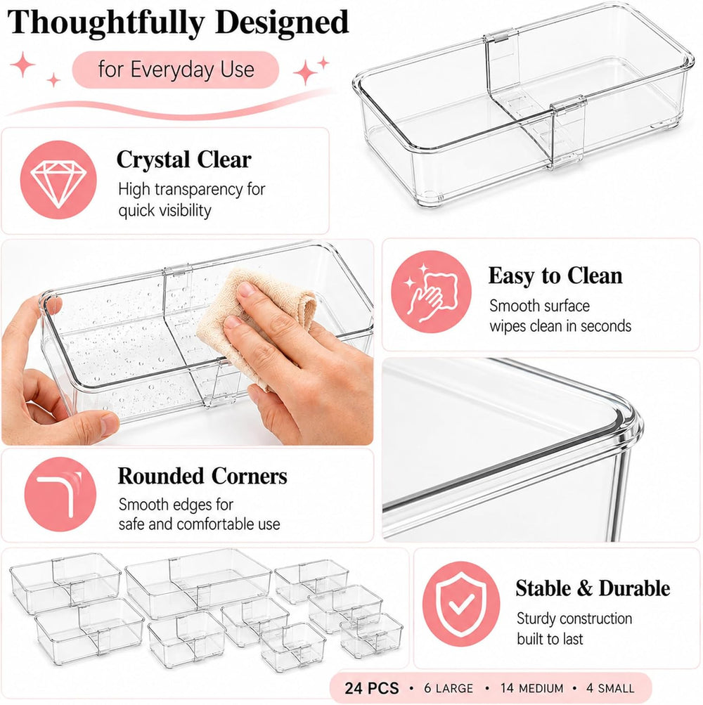 24 Pcs Clear Adjustable Drawer Organizer, 3-Size Expandable Desk Drawer Organ...