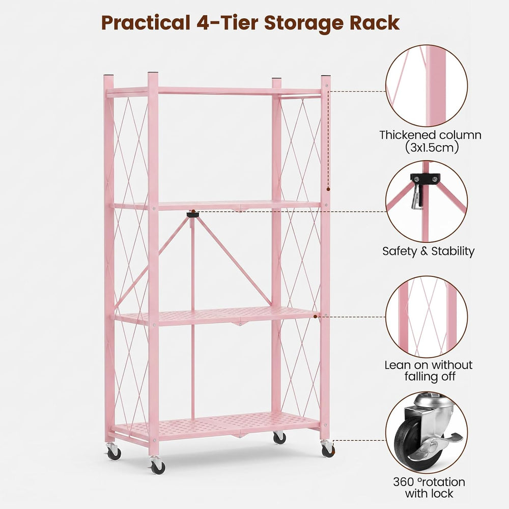 ALANNG 4 Tier Folding Storage Shelf on Wheels,Heavy Duty Metal Rolling Cart