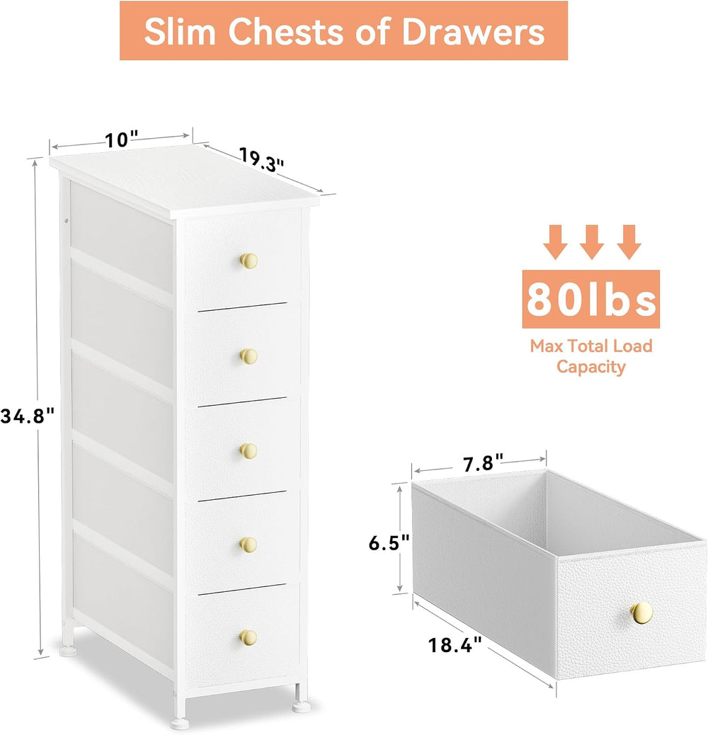 Narrow Dresser Storage Tower with 5 Drawers, Vertical Slim Dresser Chest of D...