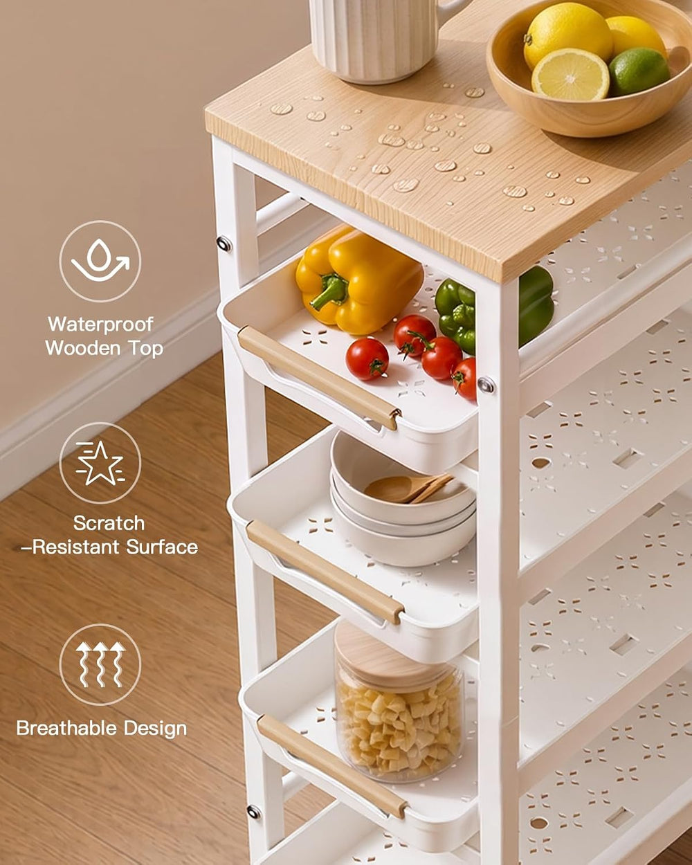 Pipishell Slim Storage Cart, Wooden Top Narrow Kitchen Storage Cart, White