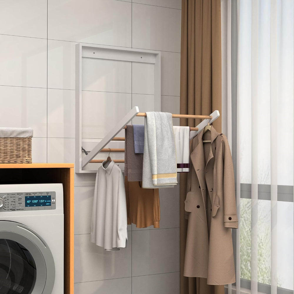 Wooden Wall Mounted Clothes Drying Rack, Foldable Laundry Rack