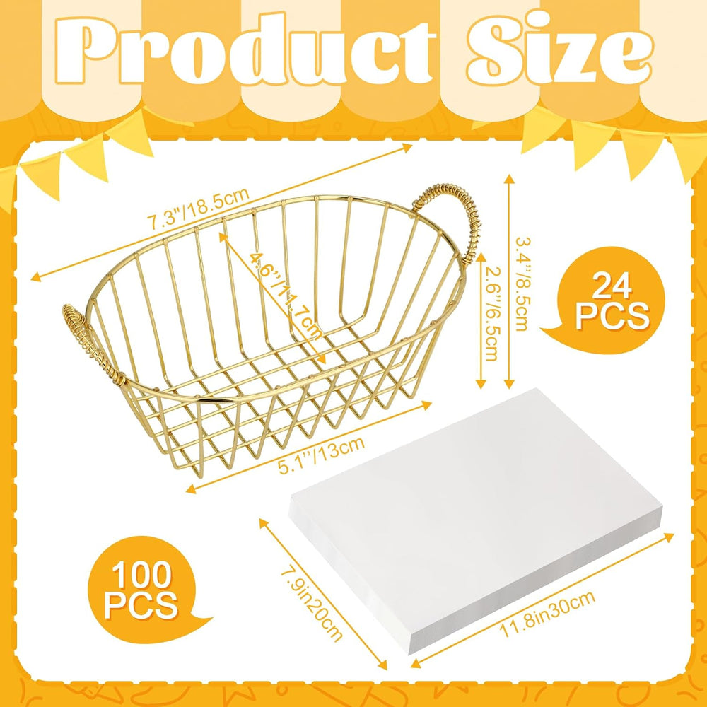 24 Pack Gold Metal Wire Fast Food Baskets Bulk with 100 Food Blotting Sheet