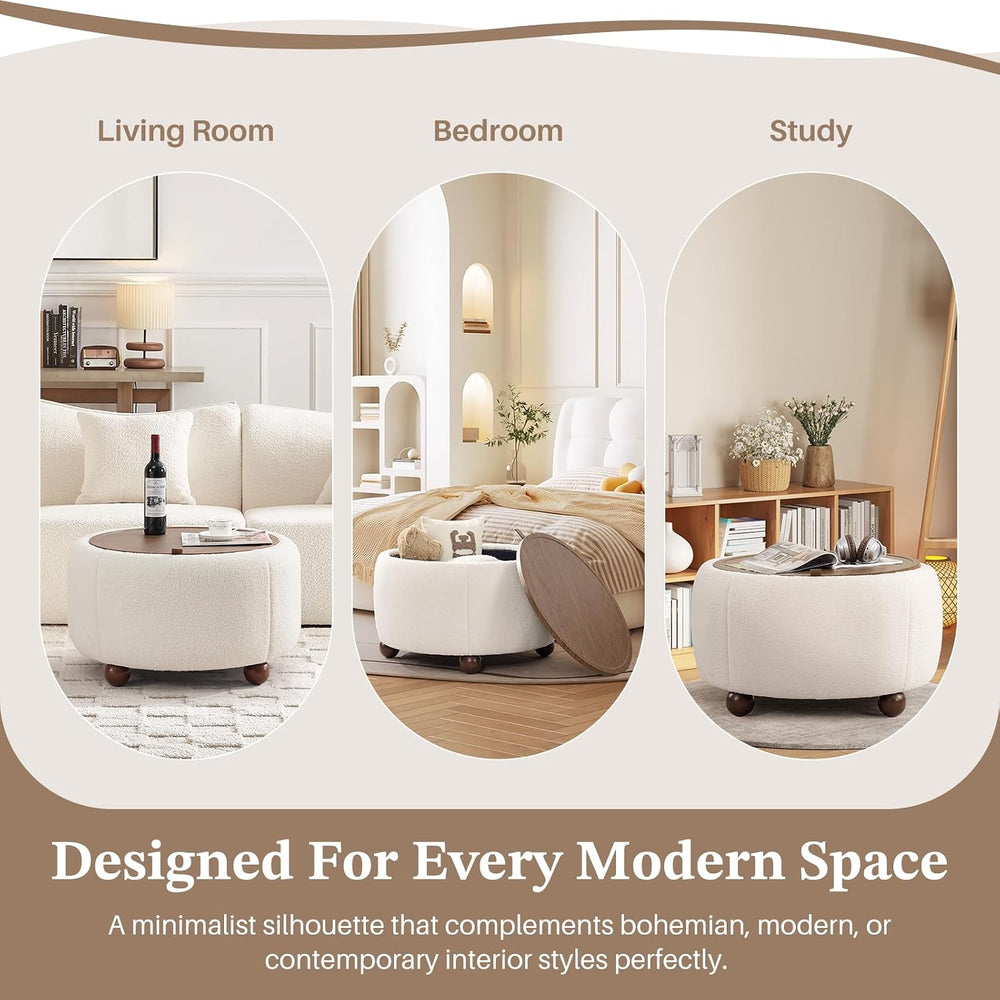 Round Storage Ottoman Coffee Table with Removable Top & Solid Wood Legs