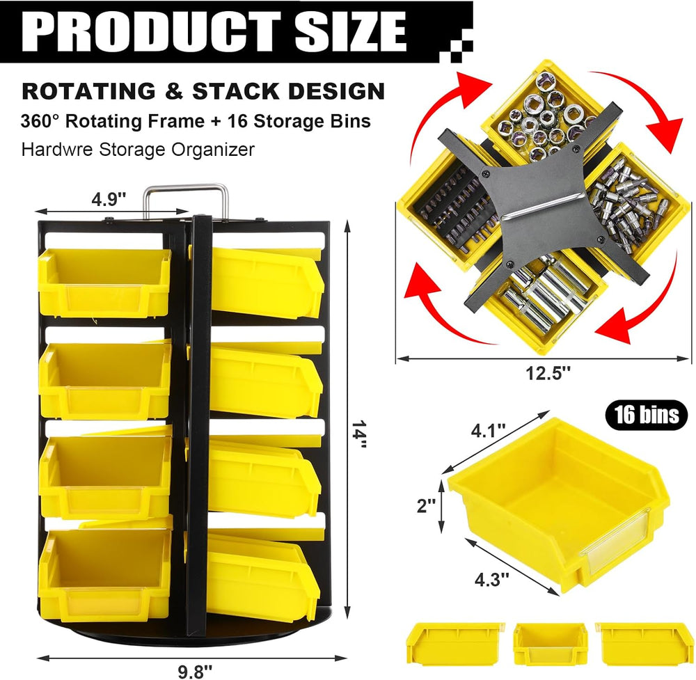 Lounsweer Rotating Storage Bins 4 Tiers 16 Bins Tool Organizer, Yellow