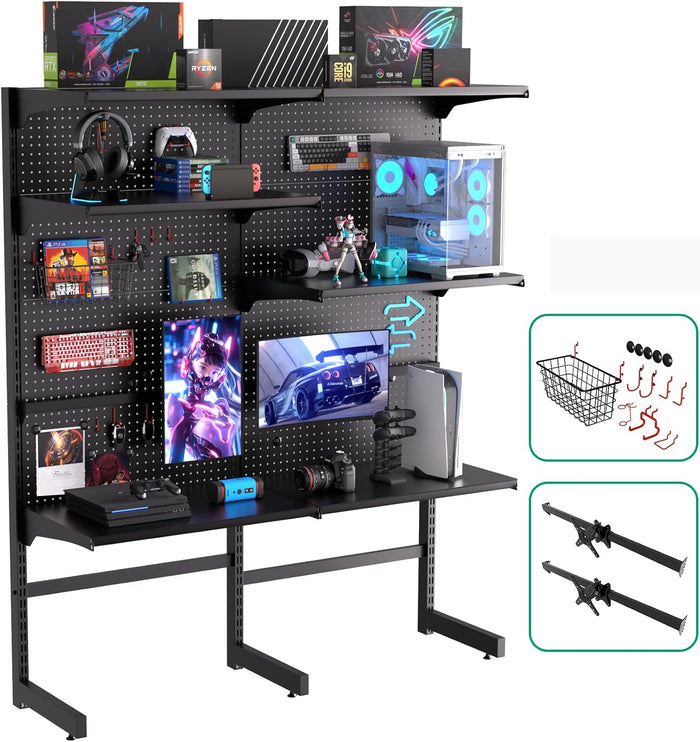 JWX Pegboard Standing Shelf Unit Pro Max with Monitor Support Bars, Gaming Pegboard Shelf with 15 Pieces Organizer Set, Parter for Desk