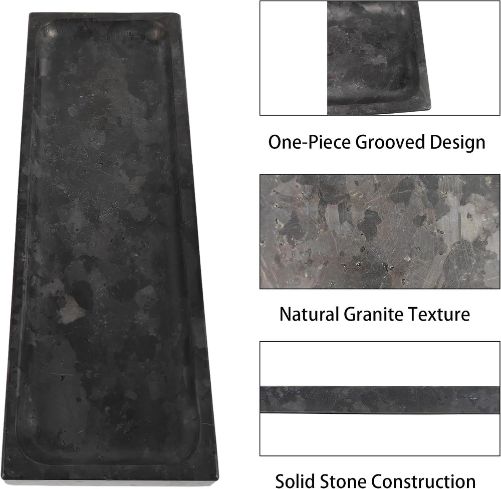 Matte Black Granite Vanity Tray - Natural Stone Rectangular Catchall, 10.6&qu...