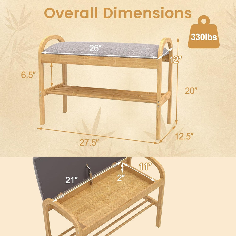 GOFLAME Bamboo Shoe Rack Bench with Storage, 2-Tier Entryway Bench with Flip ...