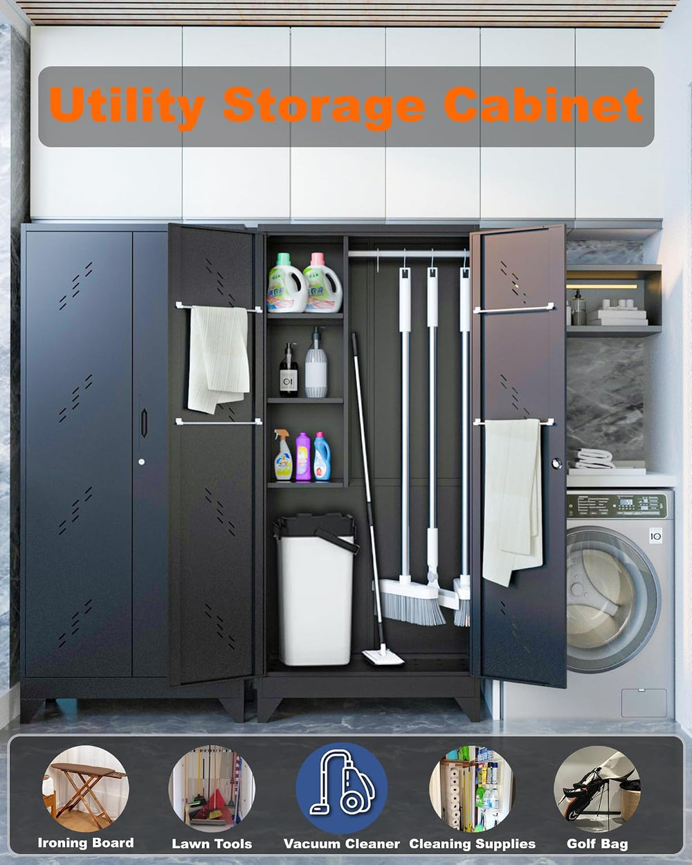 75" Metal Storage Cabinet with Lockable Doors,Utility Closet,Black