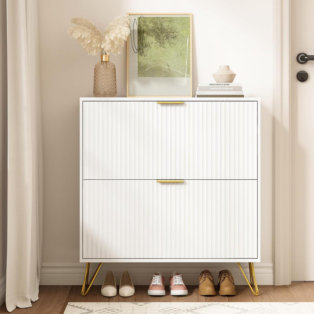 Fluted Shoe Cabinet with 2 Flip Drawers, Gold Handle and Metal Legs, White丨Fl...