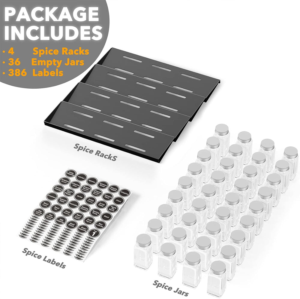 SpaceAid Spice Drawer Organizer with 36 Spice Jars, 386 Spice Labels, 4 Tier ...