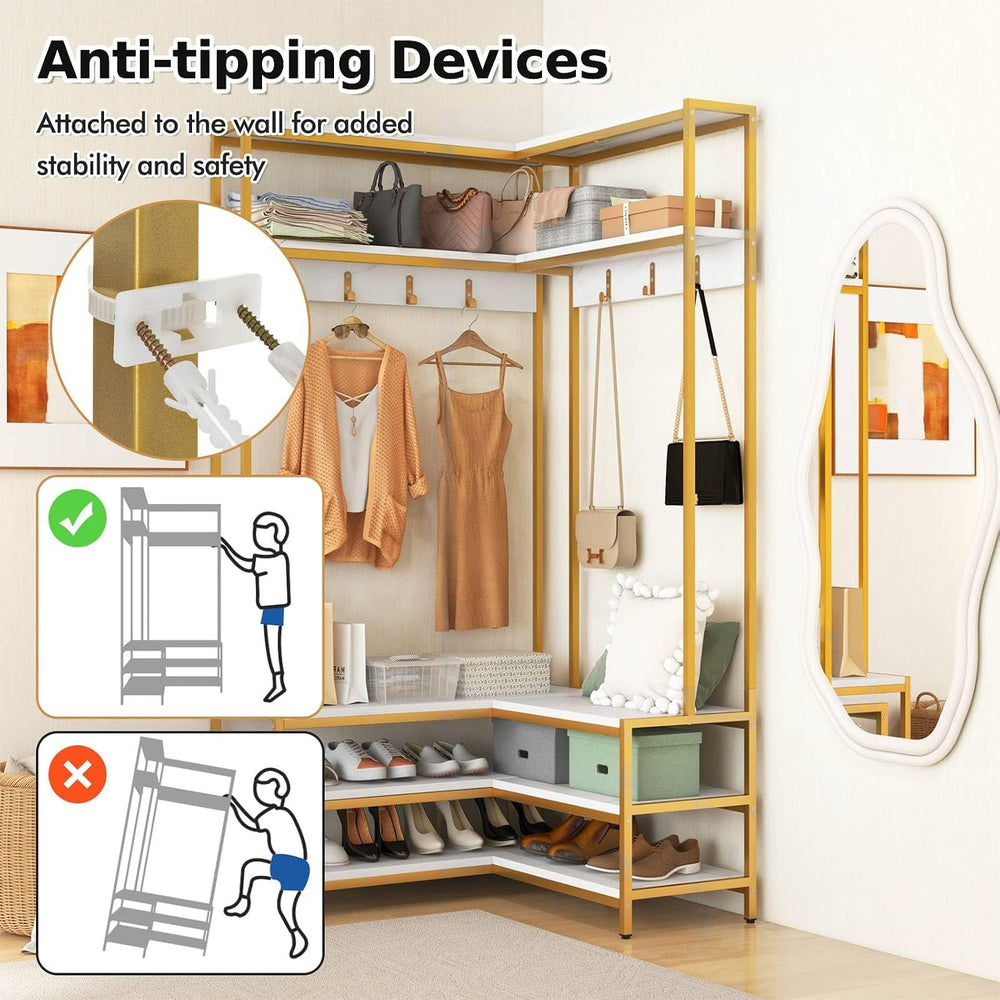 Multigot L-shaped Clothes Rack, Freestanding Corner Garment Rack Hall Tree wi...