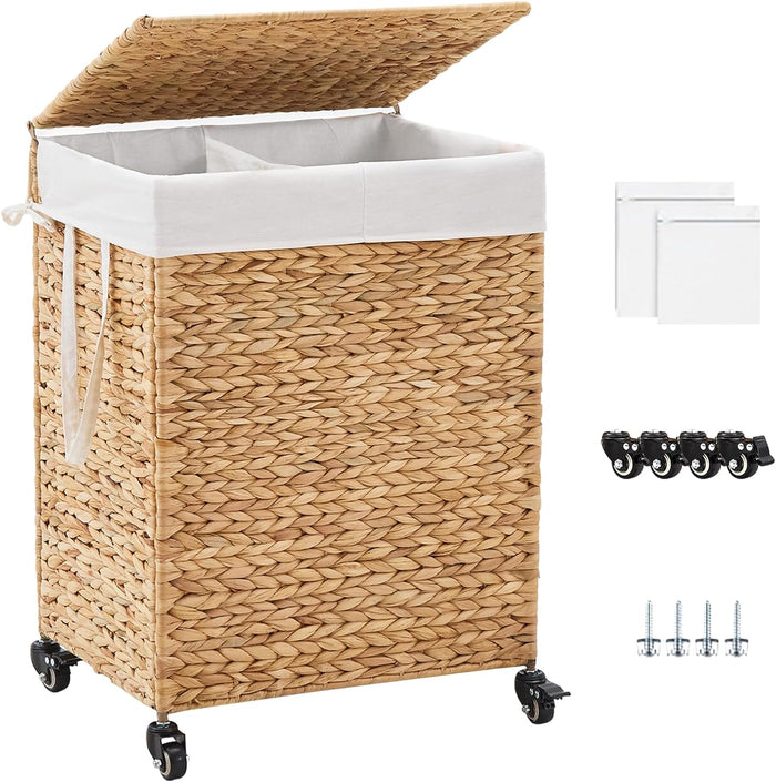 2-Section Laundry Hamper with Lid, Large Capacity Woven Natural Water Hyacinth Laundry Sorter with Removable Liners, Rolling or Non-Slip Design for Bedroom(Natural, 100L)