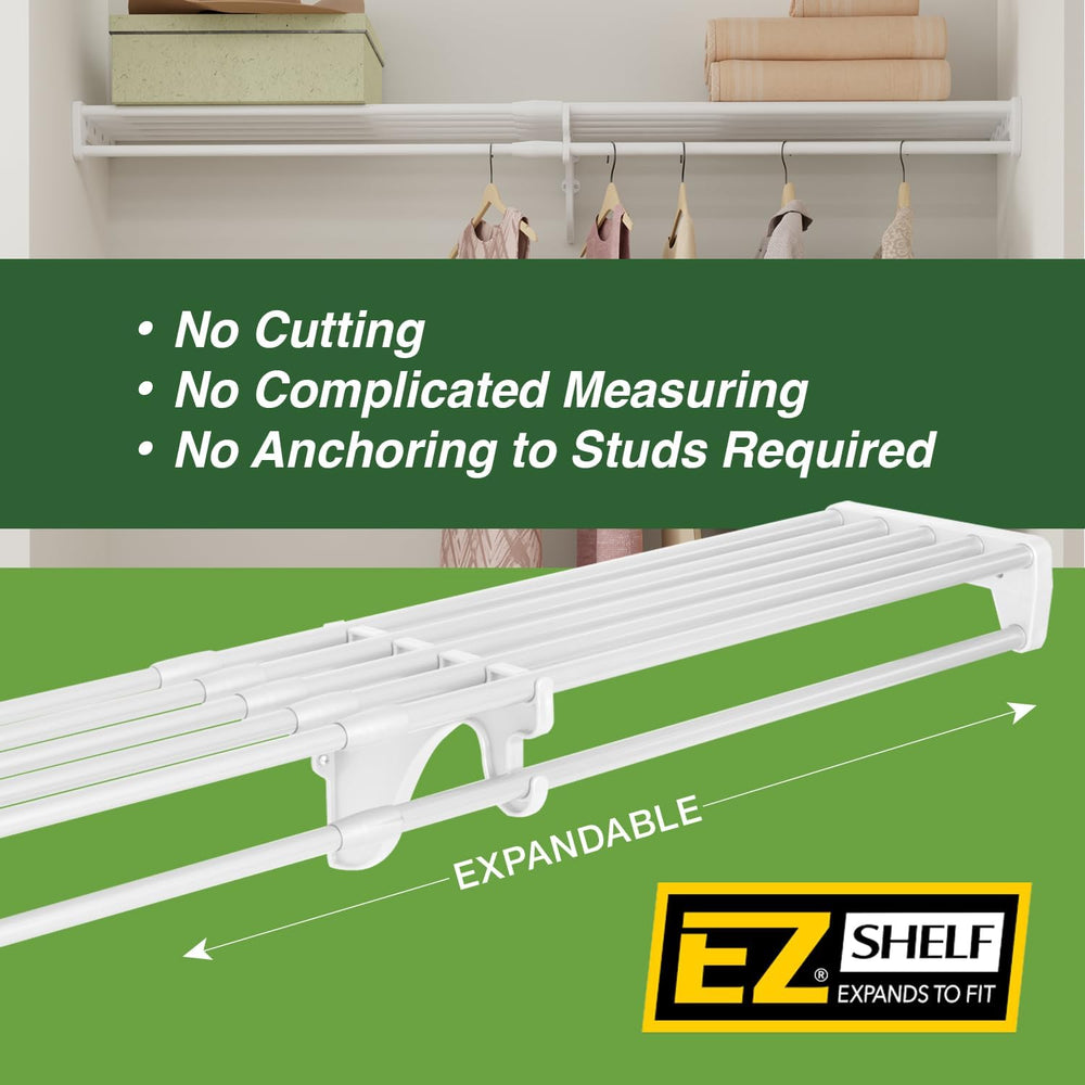 EZ SHELF Closet Shelf with Hanging Rod - 28-48” Expandable, White, Closet She...