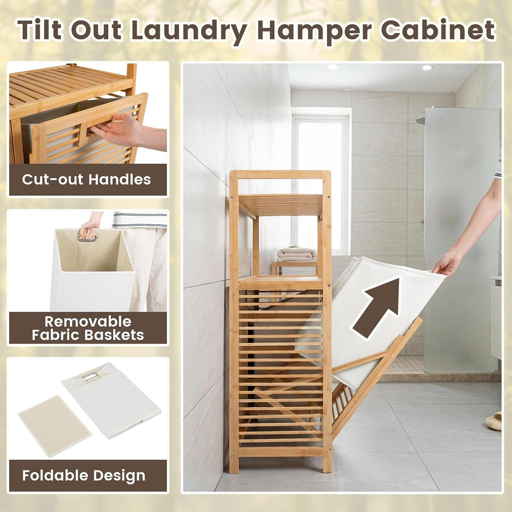 GOFLAME Bamboo Double Tilt Out Laundry Hamper Cabinet with Shelves